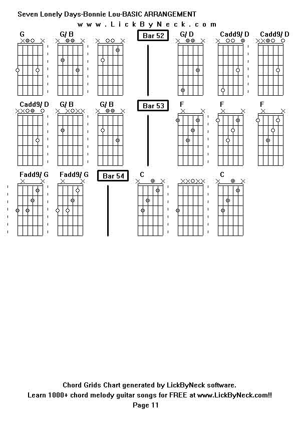 Chord Grids Chart of chord melody fingerstyle guitar song-Seven Lonely Days-Bonnie Lou-BASIC ARRANGEMENT,generated by LickByNeck software.